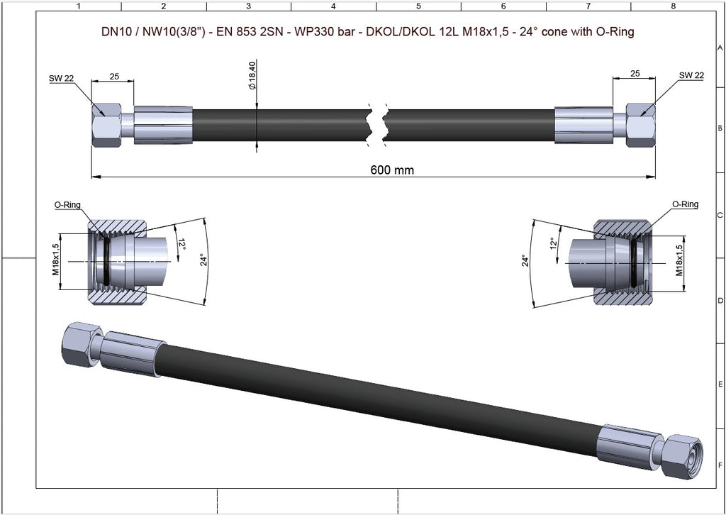 Hydrauliletku DN10 (3/8") EN 853 2SN 330 bar DKOL suora M18x1,5