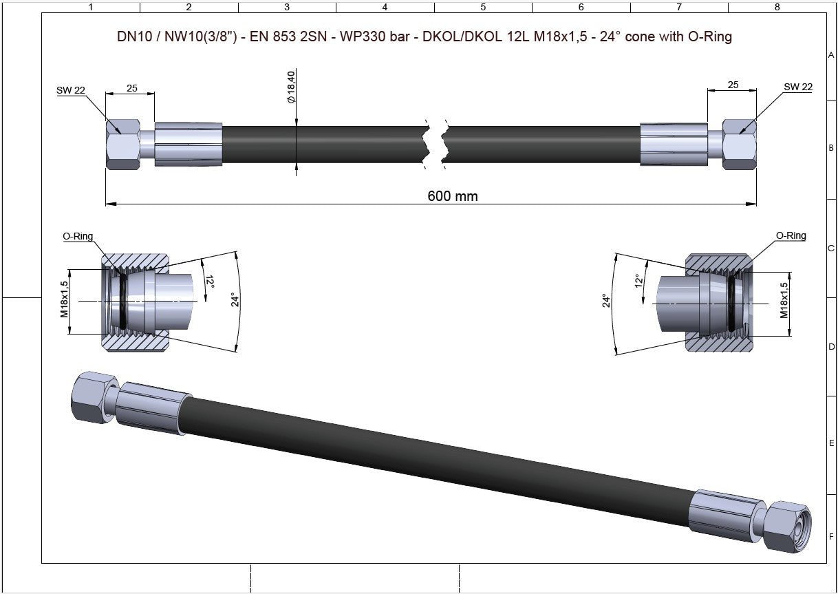 Hydraulic Hoses DN10/NW10(3/8")-EN853 2SN-WP330 bar-DKOL/DKOL 12L M18x1,5-24° O-Ring