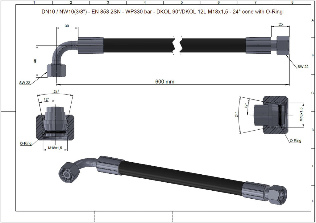 Hydraulic Hose 3/8" SAE 100R2AT 4800 PSI DKOL 90° to DKOL Straight M18x1.5