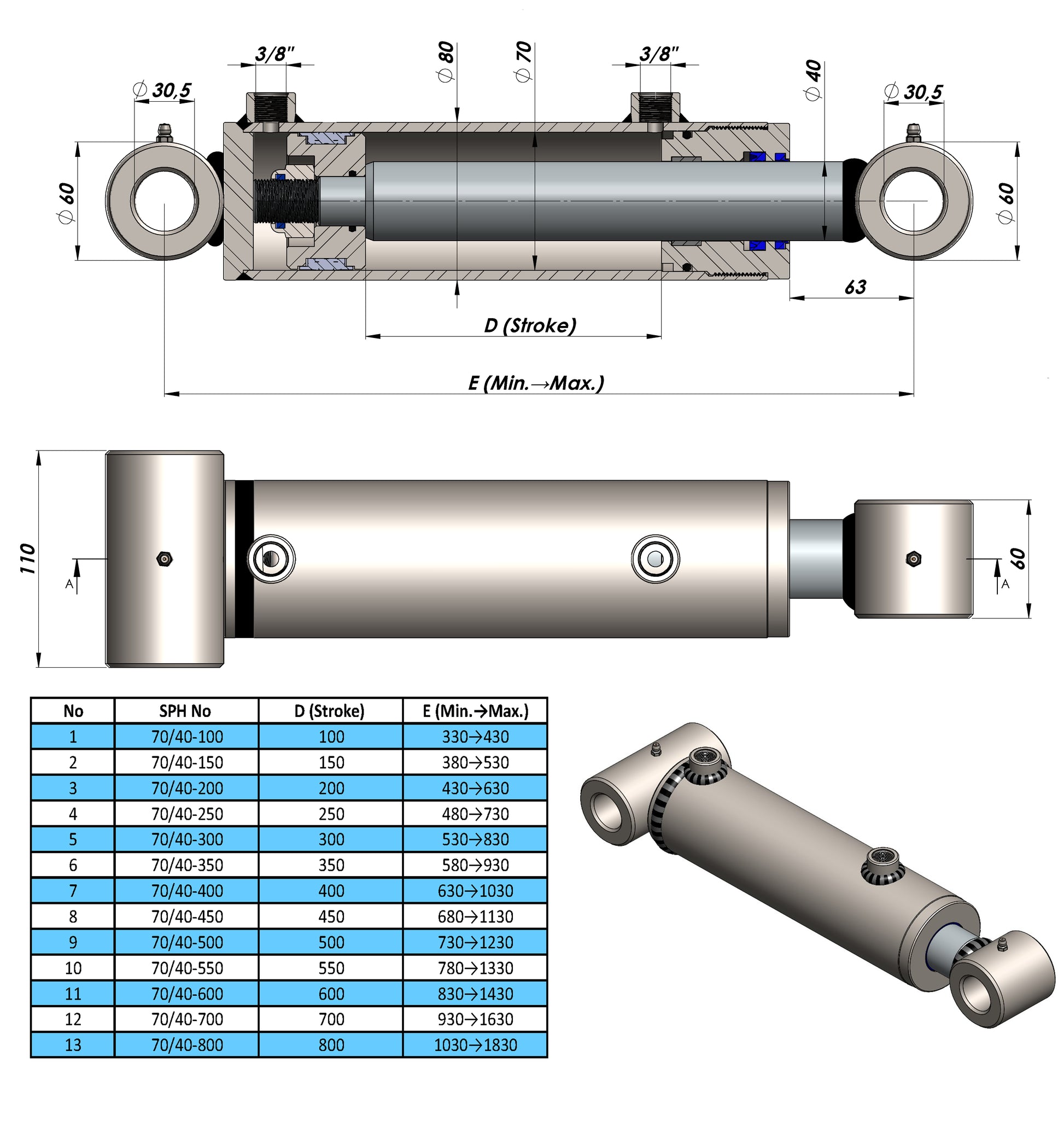 Double Acting Hydraulic Cylinders With Tube Ends (70/40)