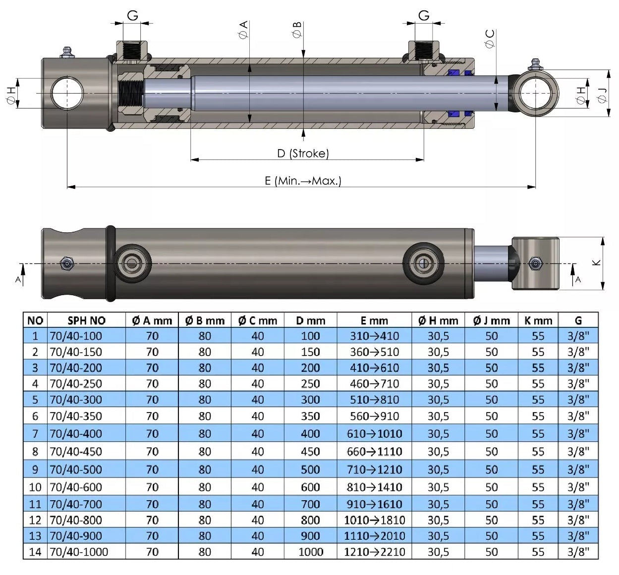 Double Acting Hydraulic Cylinder Hole Type (70/40)