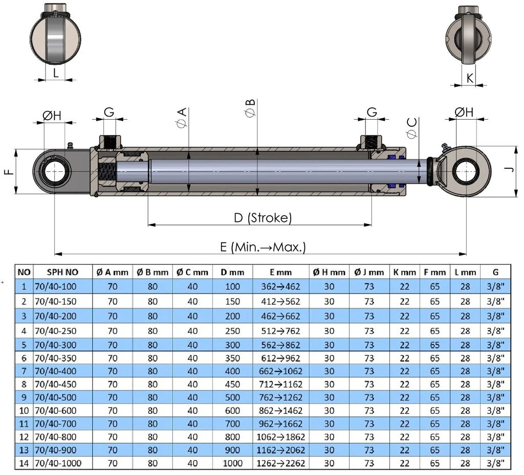 Double Acting Hydraulic Cylinder With Industrial Ball Joints (70/40)