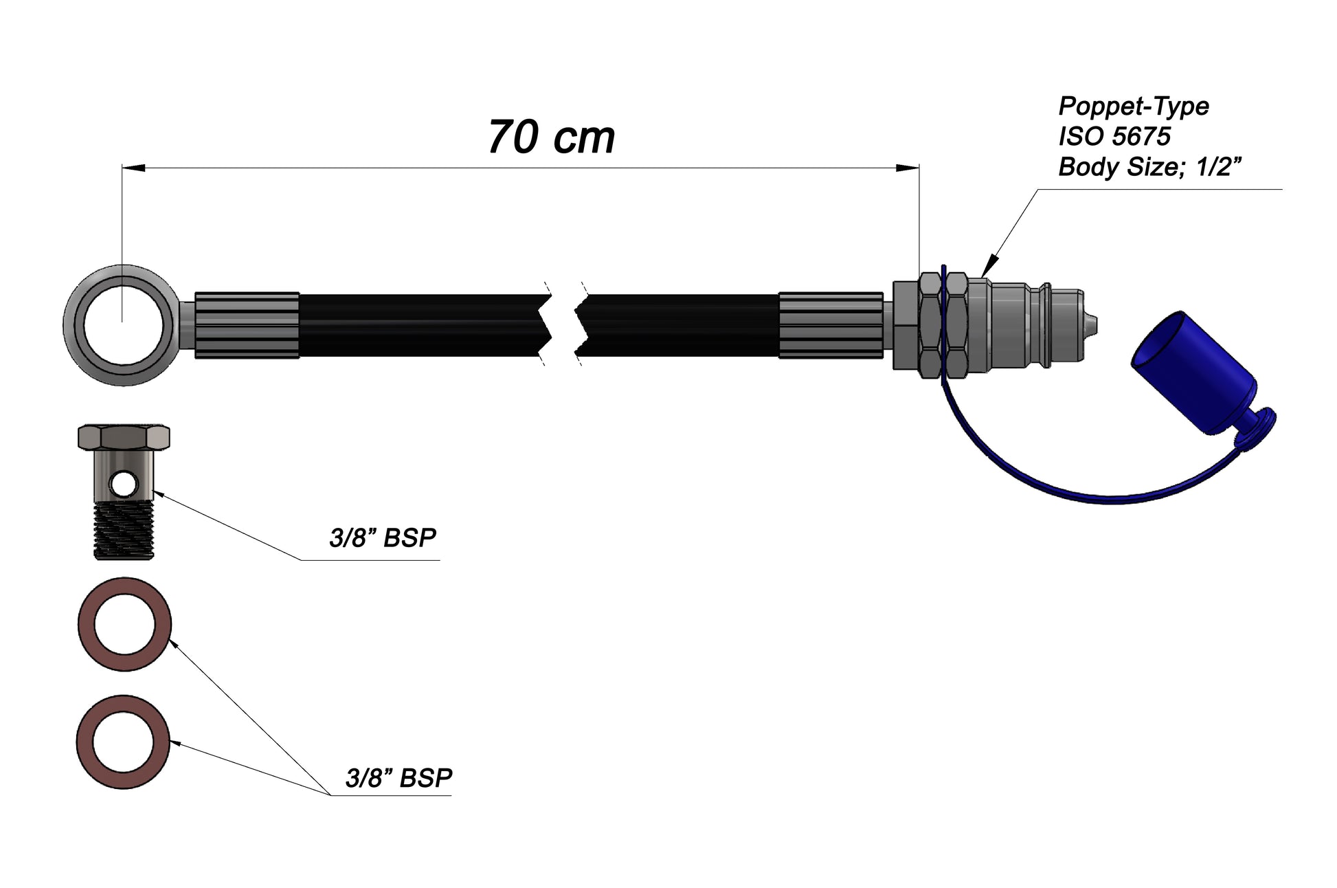 Kit tubi per terzo punto idraulico – Tipo valvola, dimensione corpo 1/2", lunghezze: 75 cm, 95 cm, 105 cm, 115 cm