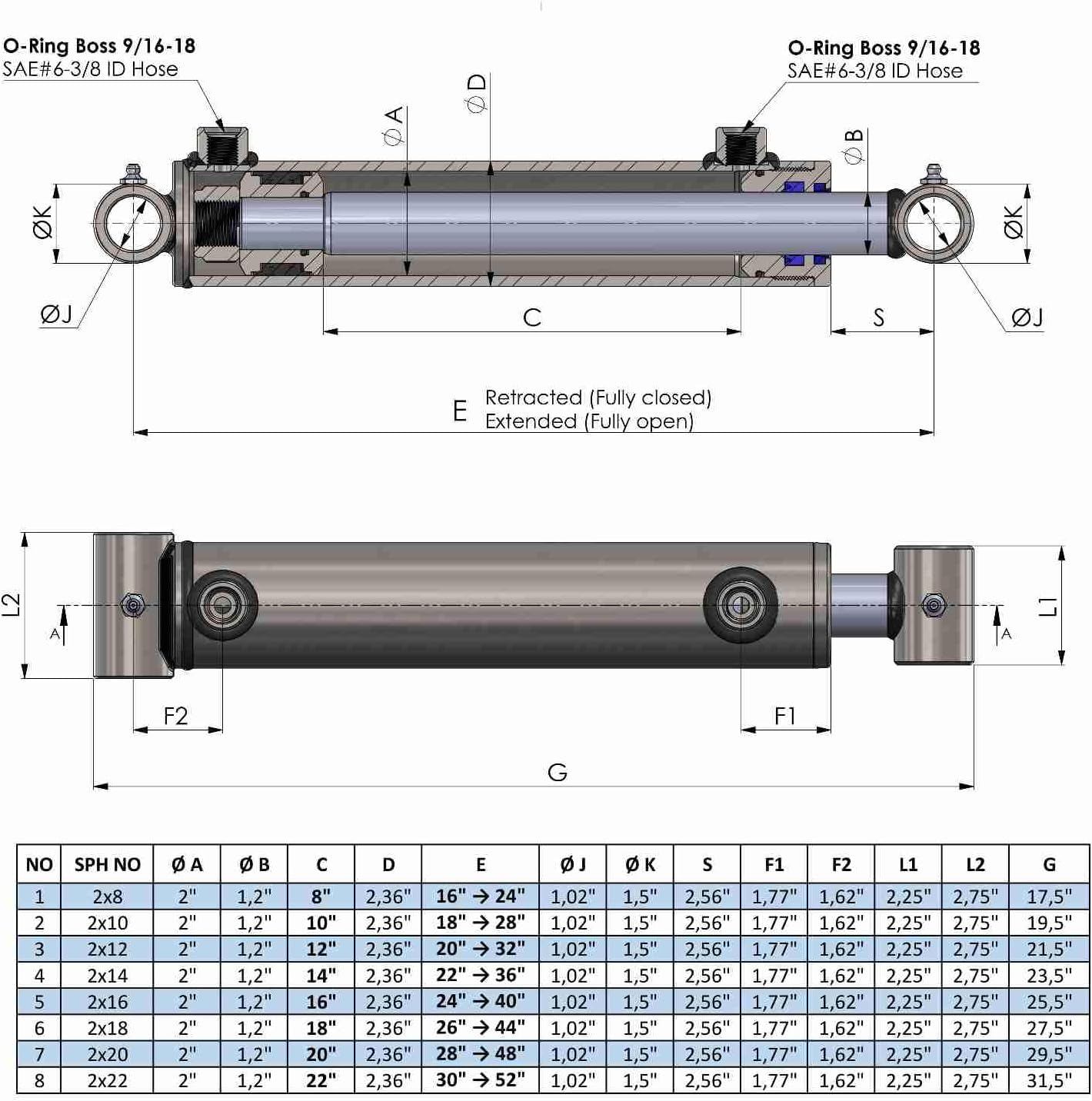 Double Acting Hydraulic Cylinder Tube Ends (2"/1,2")