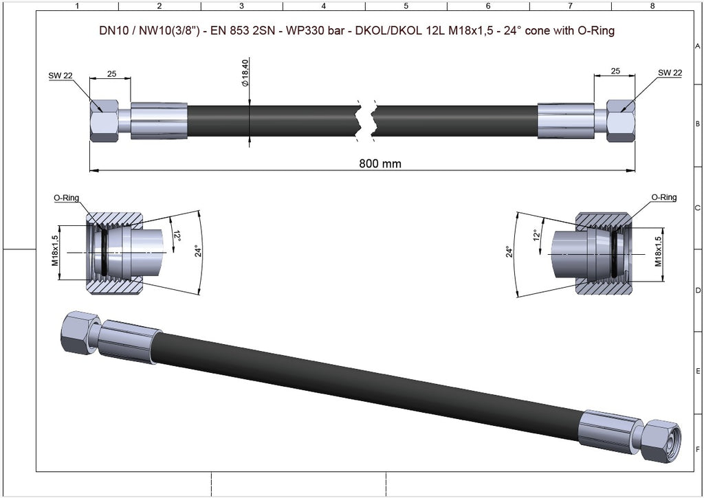 Hydraulic Hose 3/8" SAE 100R2AT 4800 PSI DKOL Straight M18x1.5