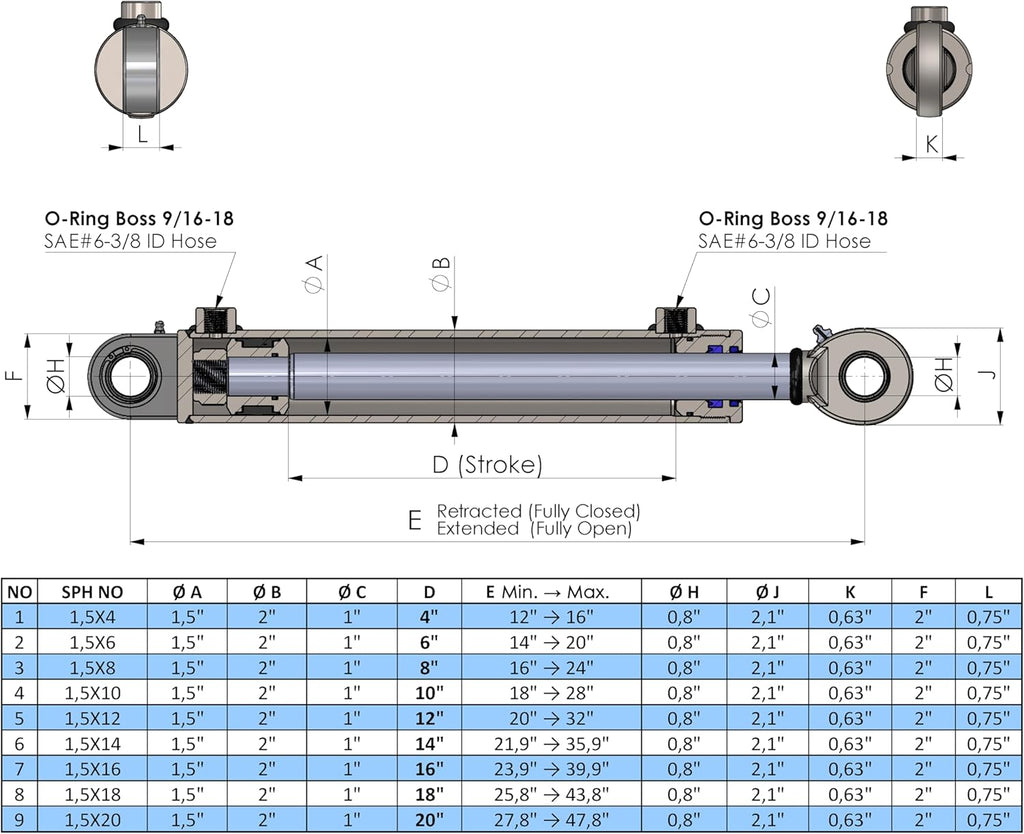 Dubbelwerkende Hydraulische Cilinder - Draaibare Oogcilinder Universeel - Hydraulische Cilinders 1,5"- 2" (verschillende varianten)
