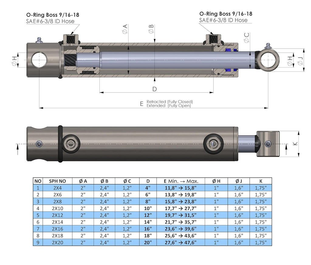 Double Acting Hydraulic Cylinder Hole Type USA (2"/1,2")