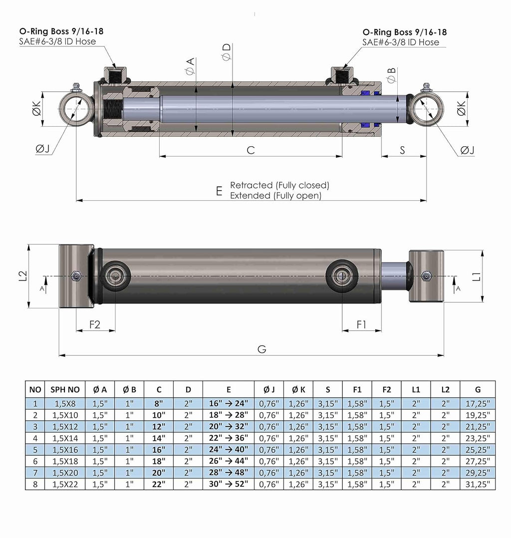 Double Acting Hydraulic Cylinder Tube Ends (1,5"/1")