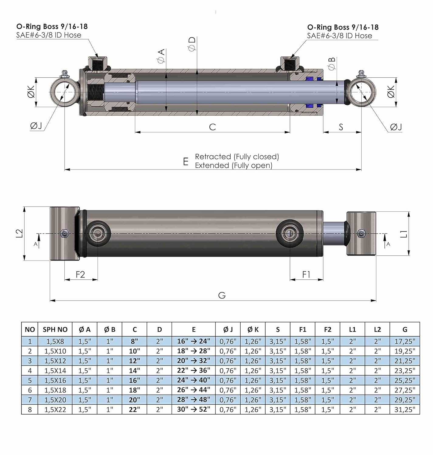 Double Acting Hydraulic Cylinder Tube Ends (1,5"/1")