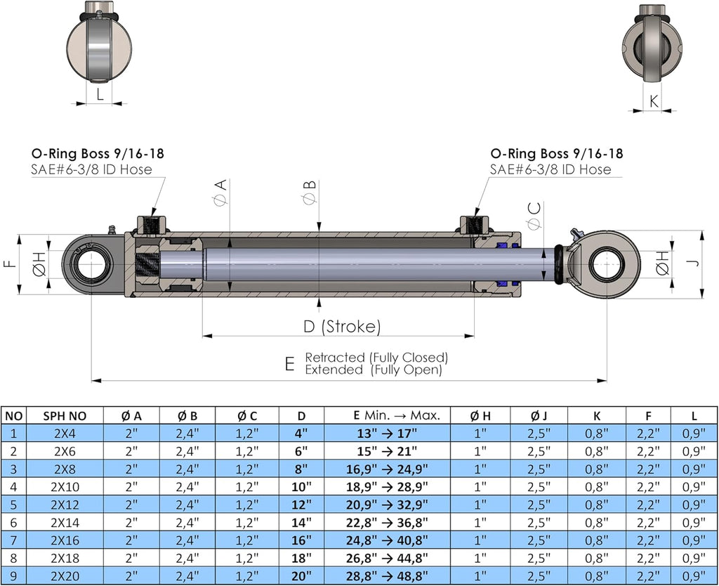 Double Acting Hydraulic Cylinder Swivel Eye (2"/1,2")