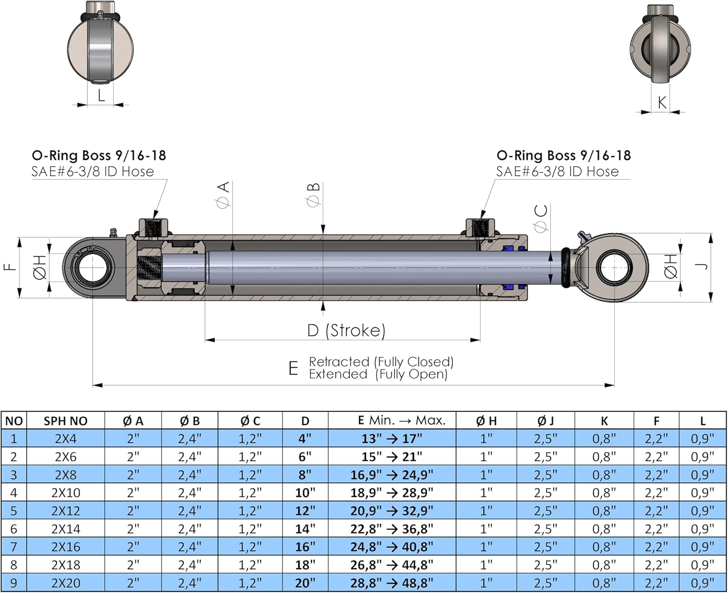 Double Acting Hydraulic Cylinder Swivel Eye (2"/1,2")