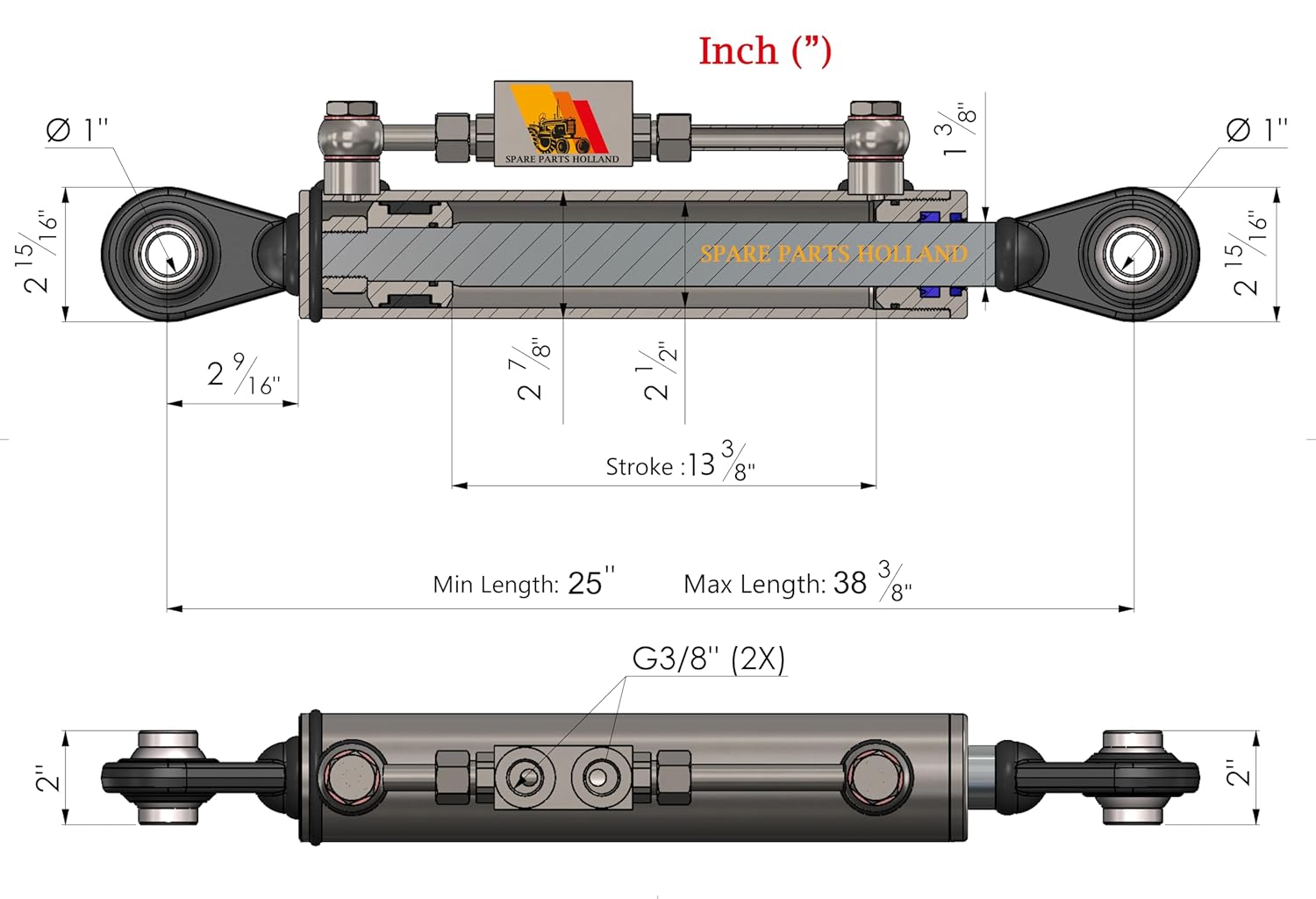 Tercer Punto Hidráulico Cat. 2–2 (635–975 mm) con Bloque de Seguridad y 2 Mangueras Hidráulicas