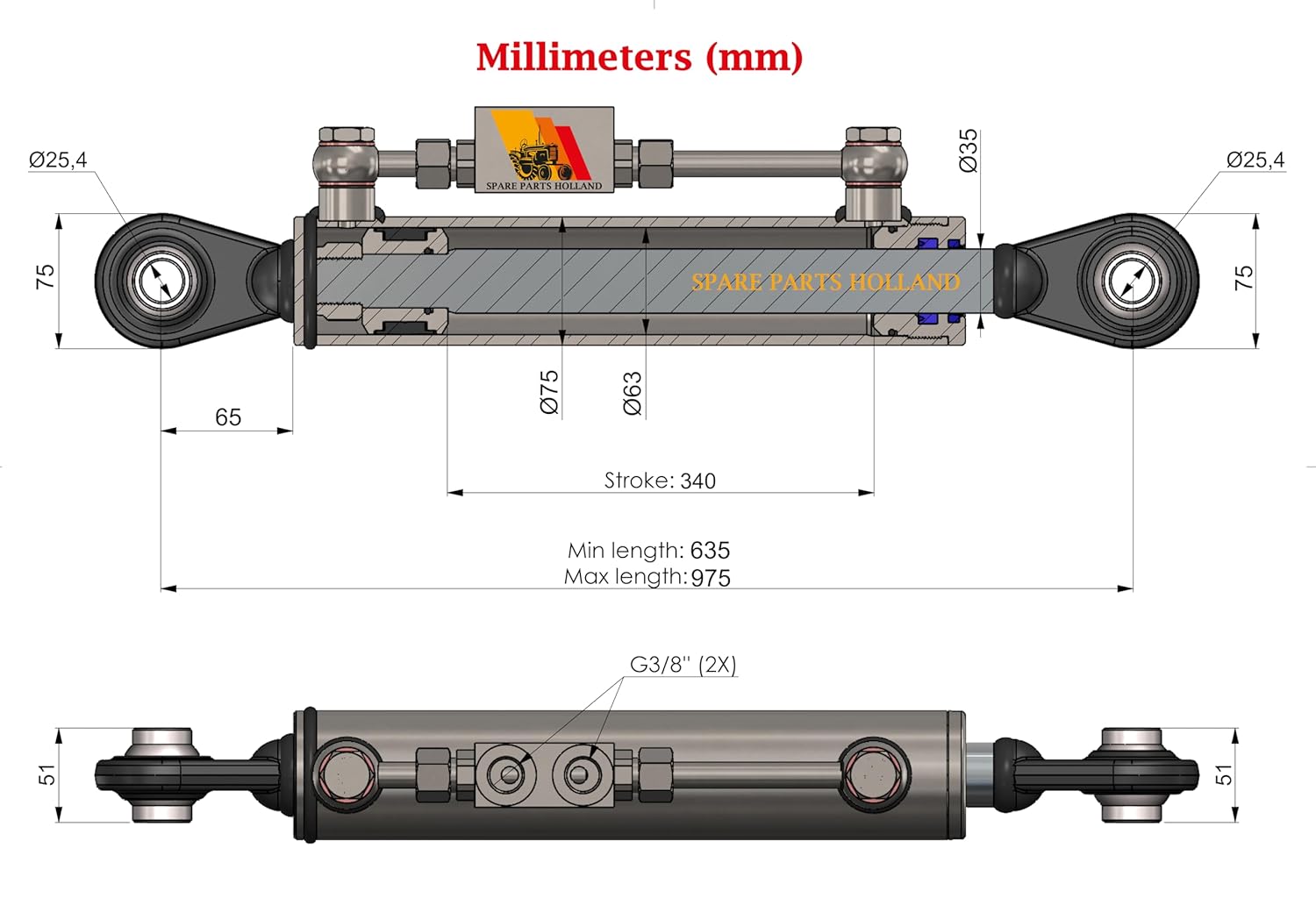Tercer Punto Hidráulico Cat. 2–2 (635–975 mm) con Bloque de Seguridad y 2 Mangueras Hidráulicas
