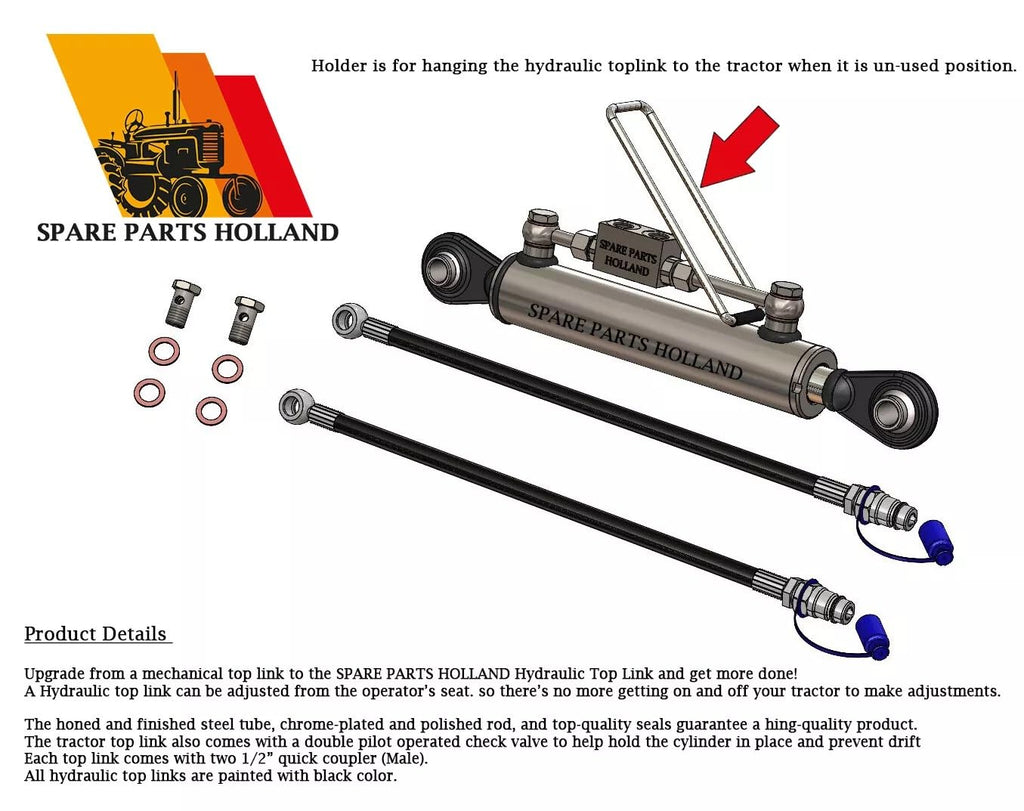 Tercer Punto Hidráulico Cat. 2–2 (635–975 mm) con Bloque de Seguridad y 2 Mangueras Hidráulicas
