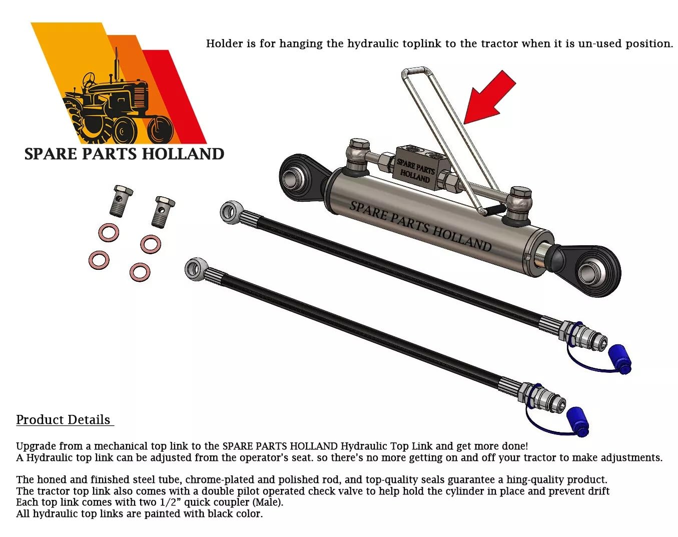 Tercer Punto Hidráulico Cat. 2–2 (635–975 mm) con Bloque de Seguridad y 2 Mangueras Hidráulicas