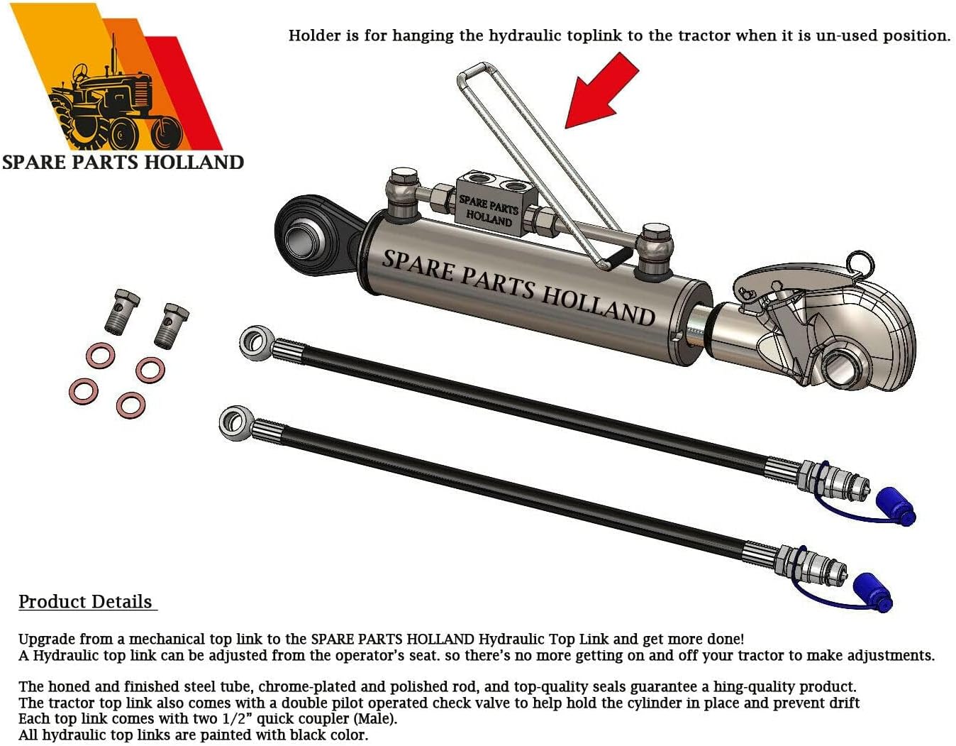 Hydraulic Top Link Cat 1-1 with Rapid Hook (25 5/8”–39”) Incl. Locking Block and 2 Hydraulic Hoses - SPH320093