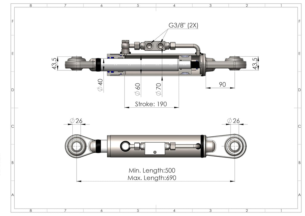 Tercer Punto Hidráulico Cat. 2–2 (500–690 mm) – con bloque de seguridad y 2 mangueras hidráulicas – SPH320095