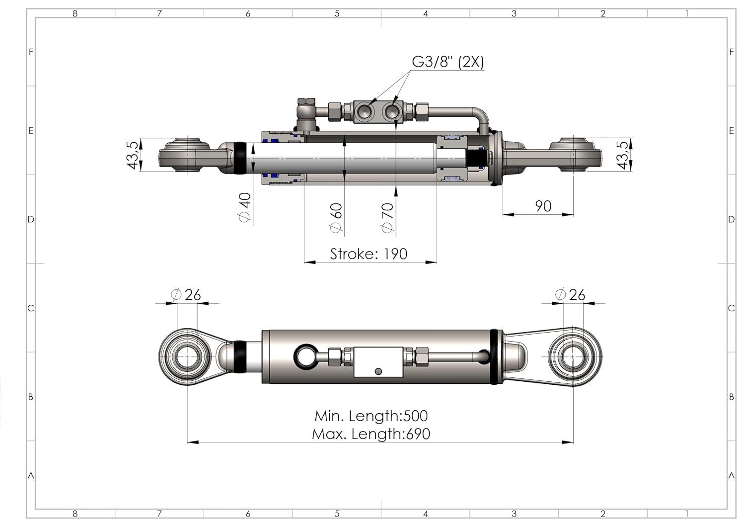 Tercer Punto Hidráulico Cat. 2–2 (500–690 mm) – con bloque de seguridad y 2 mangueras hidráulicas – SPH320095