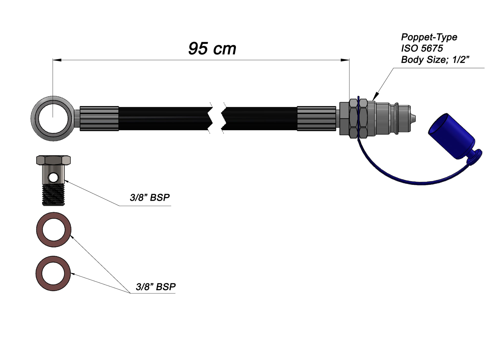 Kit tubi per terzo punto idraulico – Tipo valvola, dimensione corpo 1/2", lunghezze: 75 cm, 95 cm, 105 cm, 115 cm