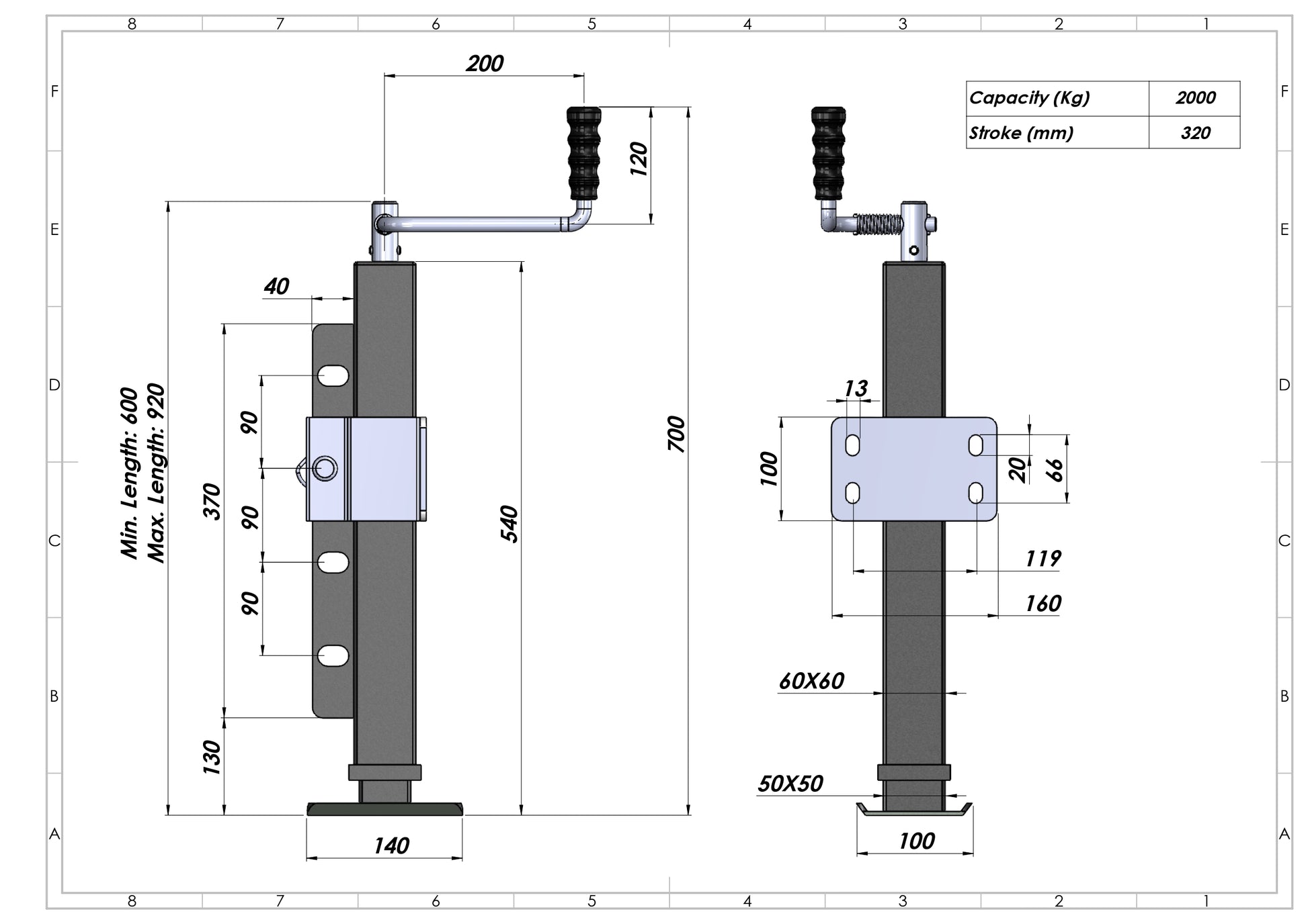 Adjustable Trailer Support Jack - 2 Tonne