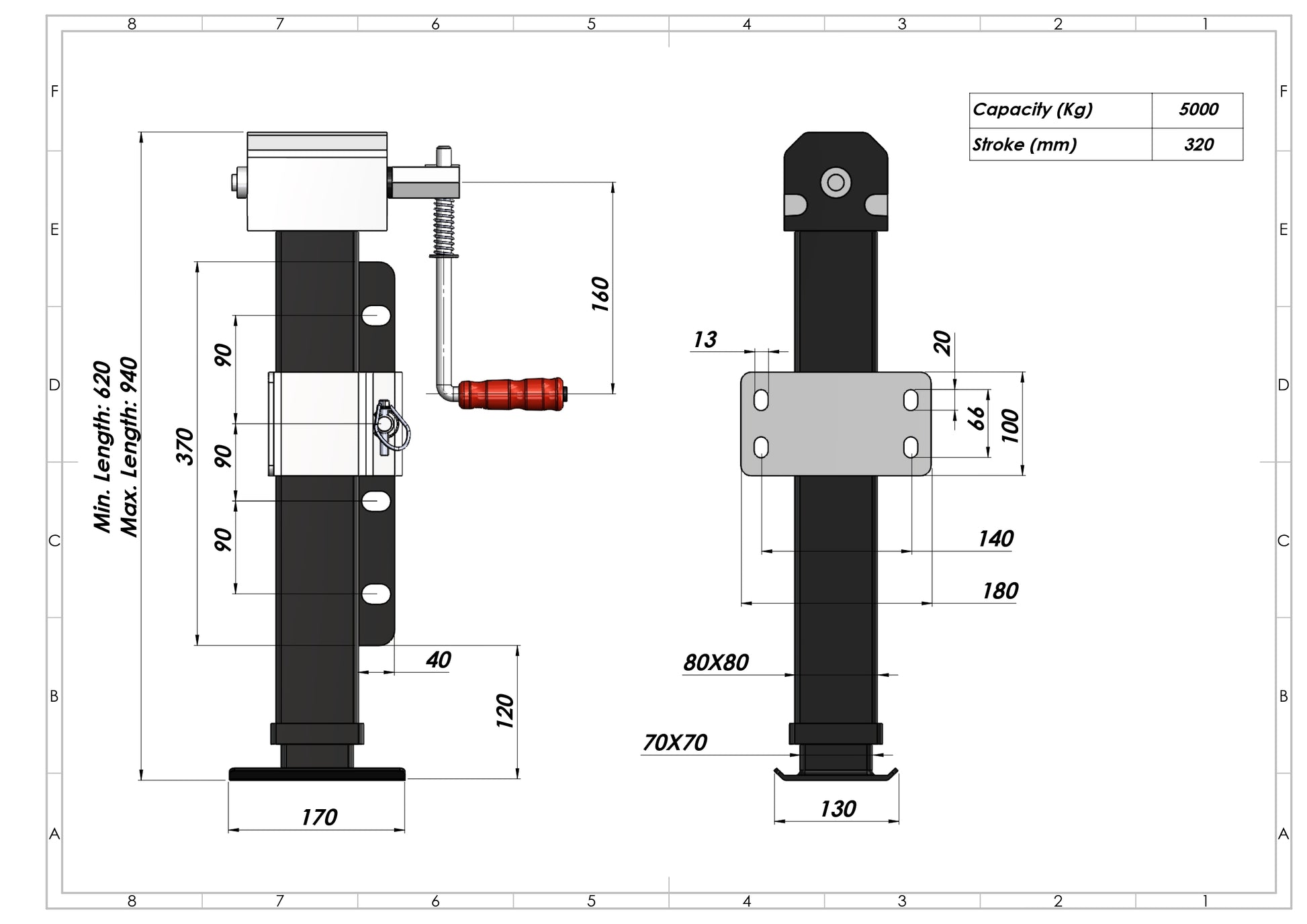 Adjustable Geared Trailer Support Jack - 5 Tonne