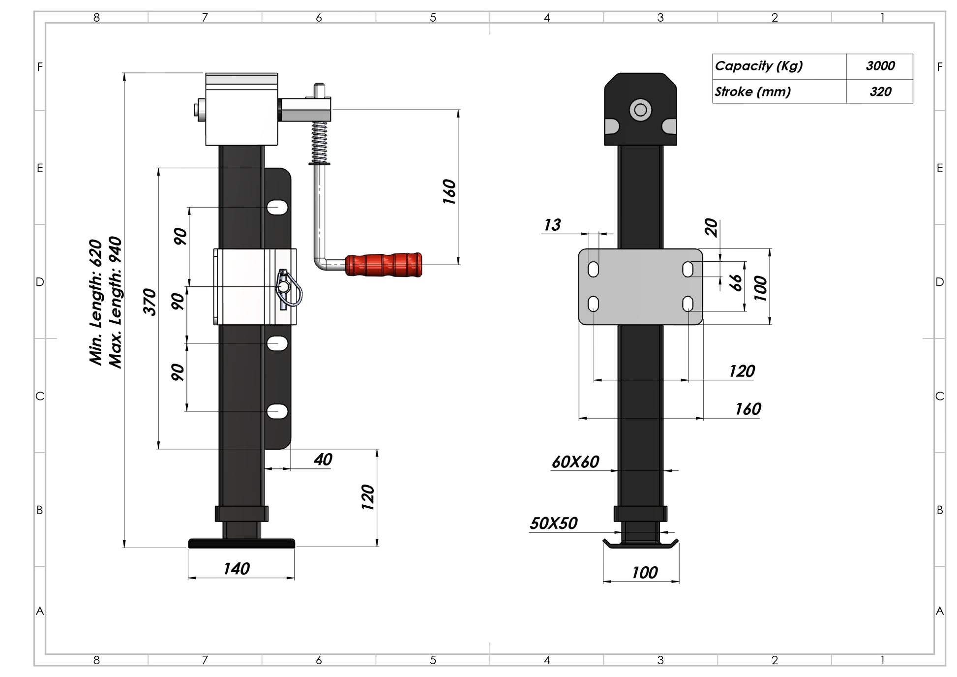 Adjustable Geared Trailer Support Jack - 3 Tonne