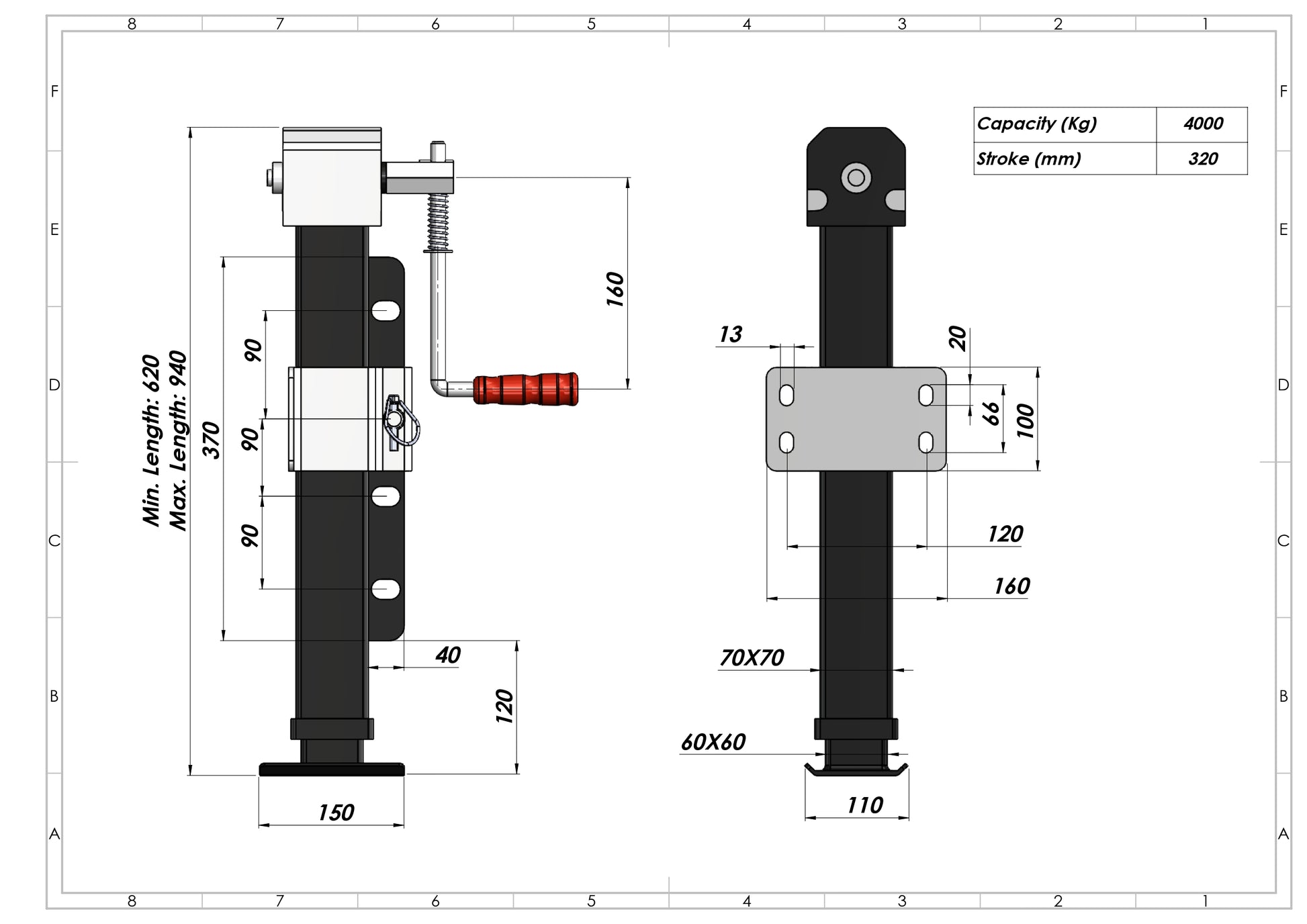 Adjustable Geared Trailer Support Jack - 4 Tonne