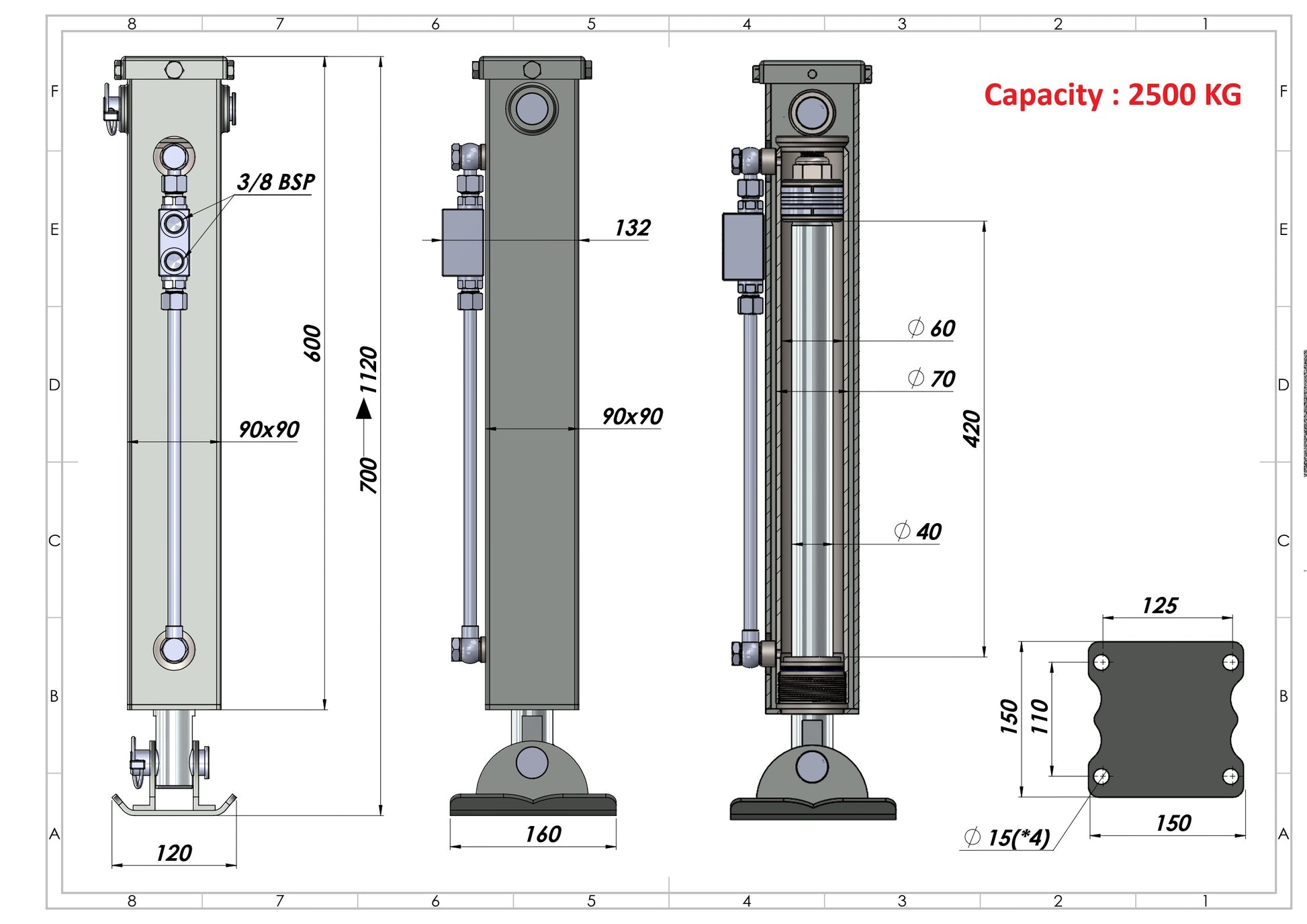 Hydraulic Support Leg, Double Acting, Including Locking Block 2,5 Tonne
