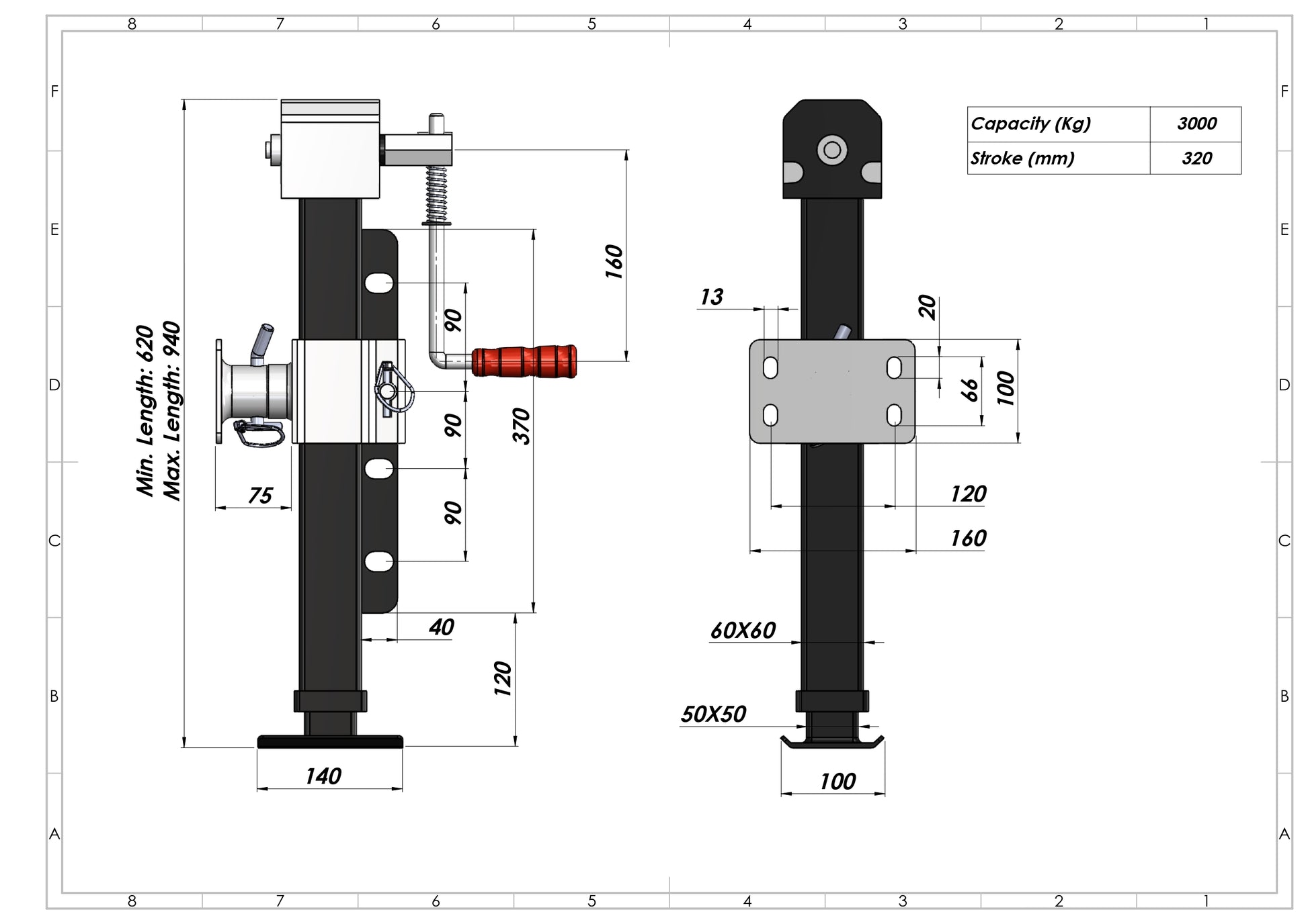 Foldable Support Leg With Vertical Crank, Including Flange for Trailer 2 Tonne