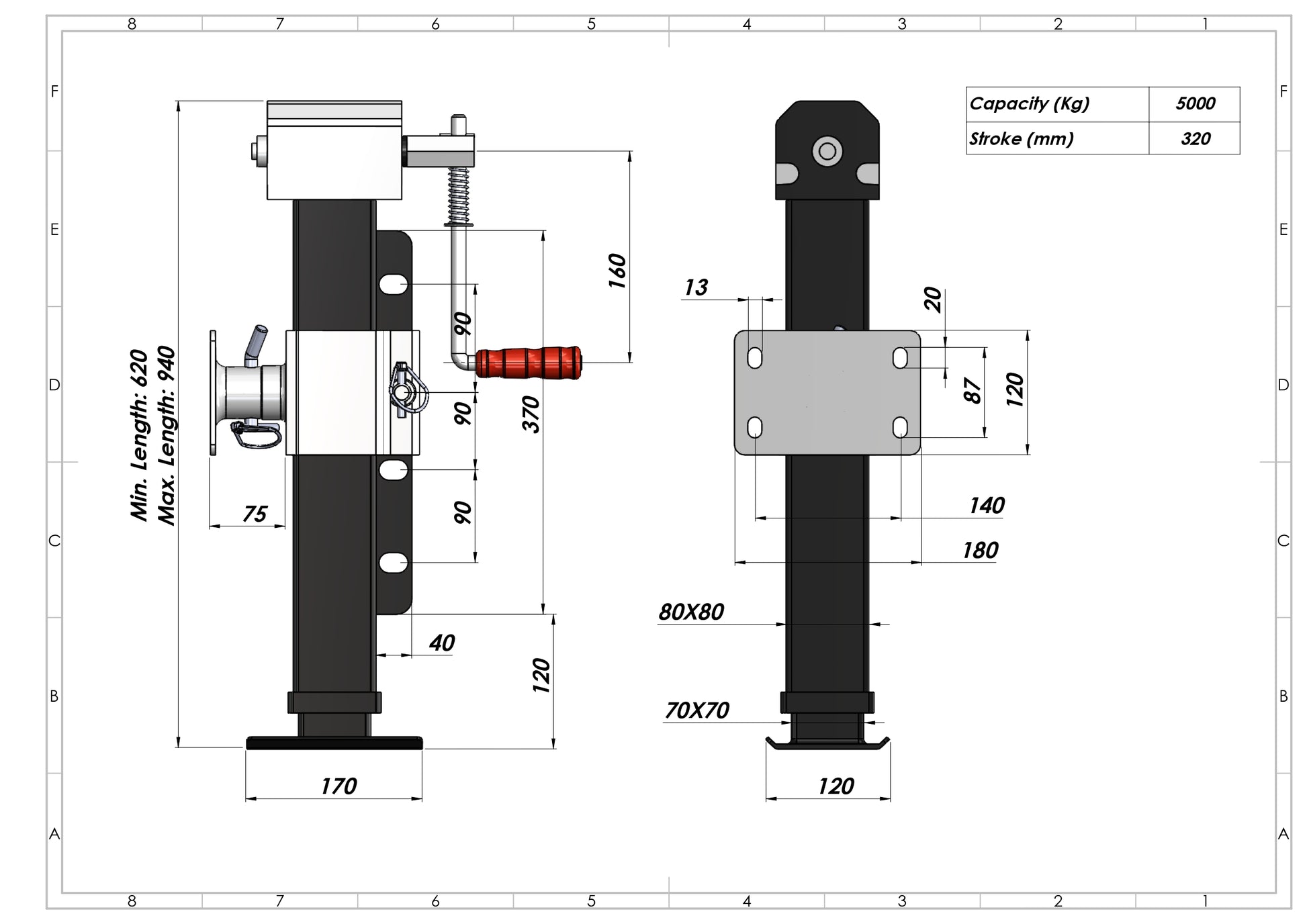 Foldable Support Leg With Vertical Crank, Including Flange for Trailer 4 Tonne