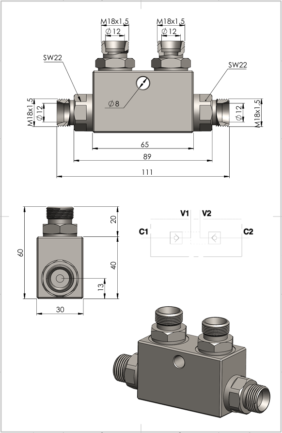 Double Pilot Operated Check Valve 12L Male (M18x1.5)-SPH390200V1