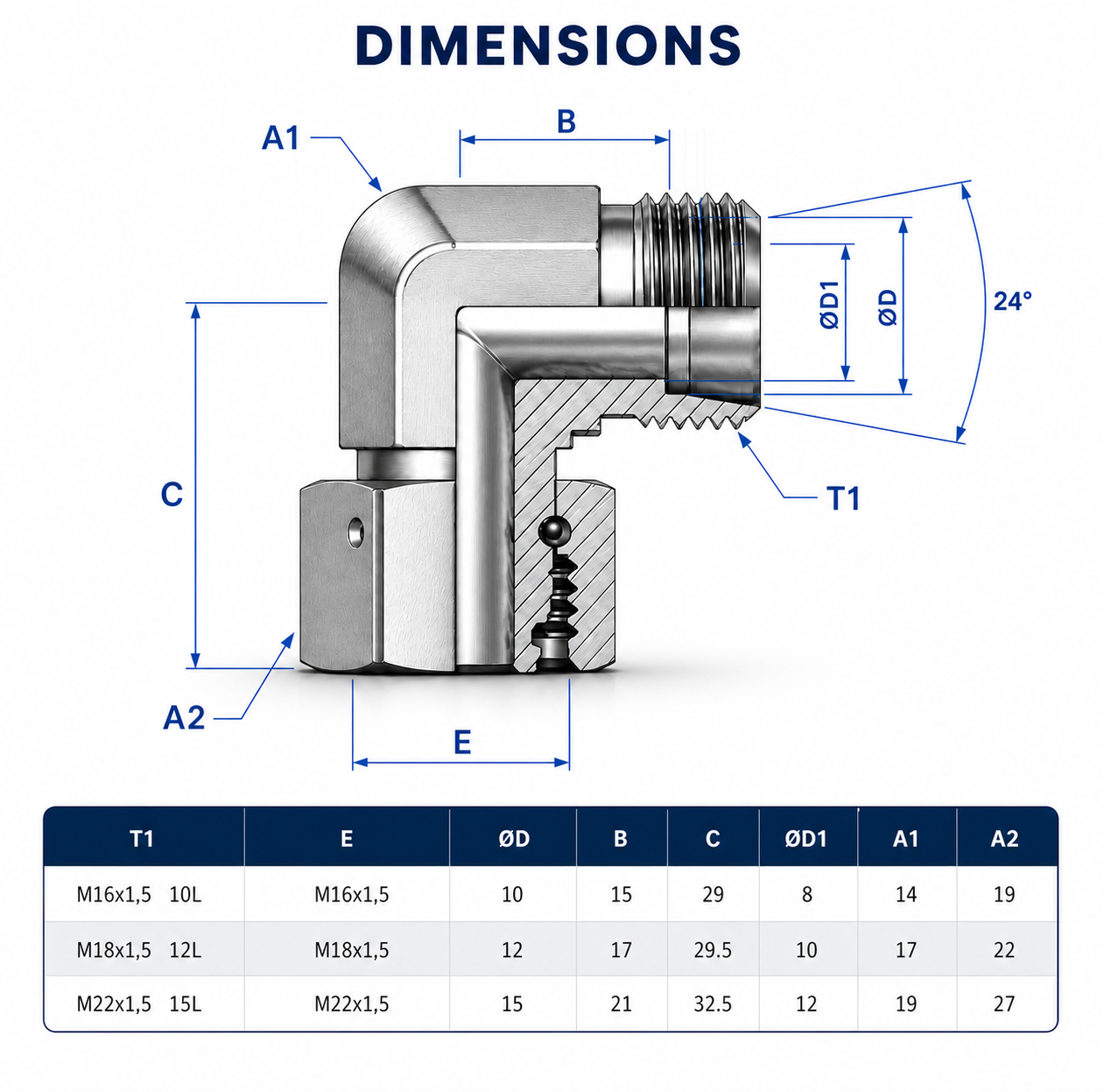 Hydraulic Metric 90° Swivel Elbow Fitting L Series with Swivel Nut 1 Technical Drawing