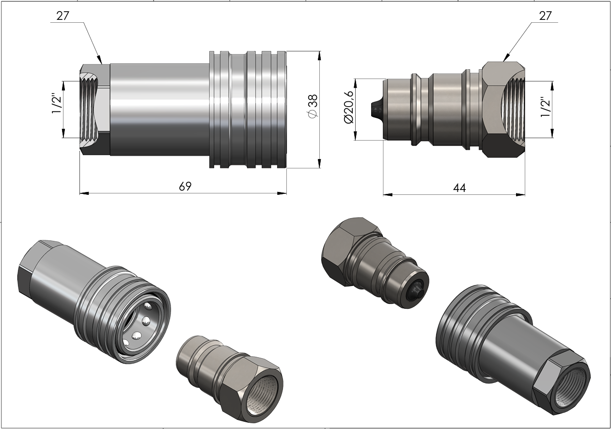 Acoplamiento Rápido Hidráulico 1/2" BSP Válvula Poppet - Macho / Hembra / Set