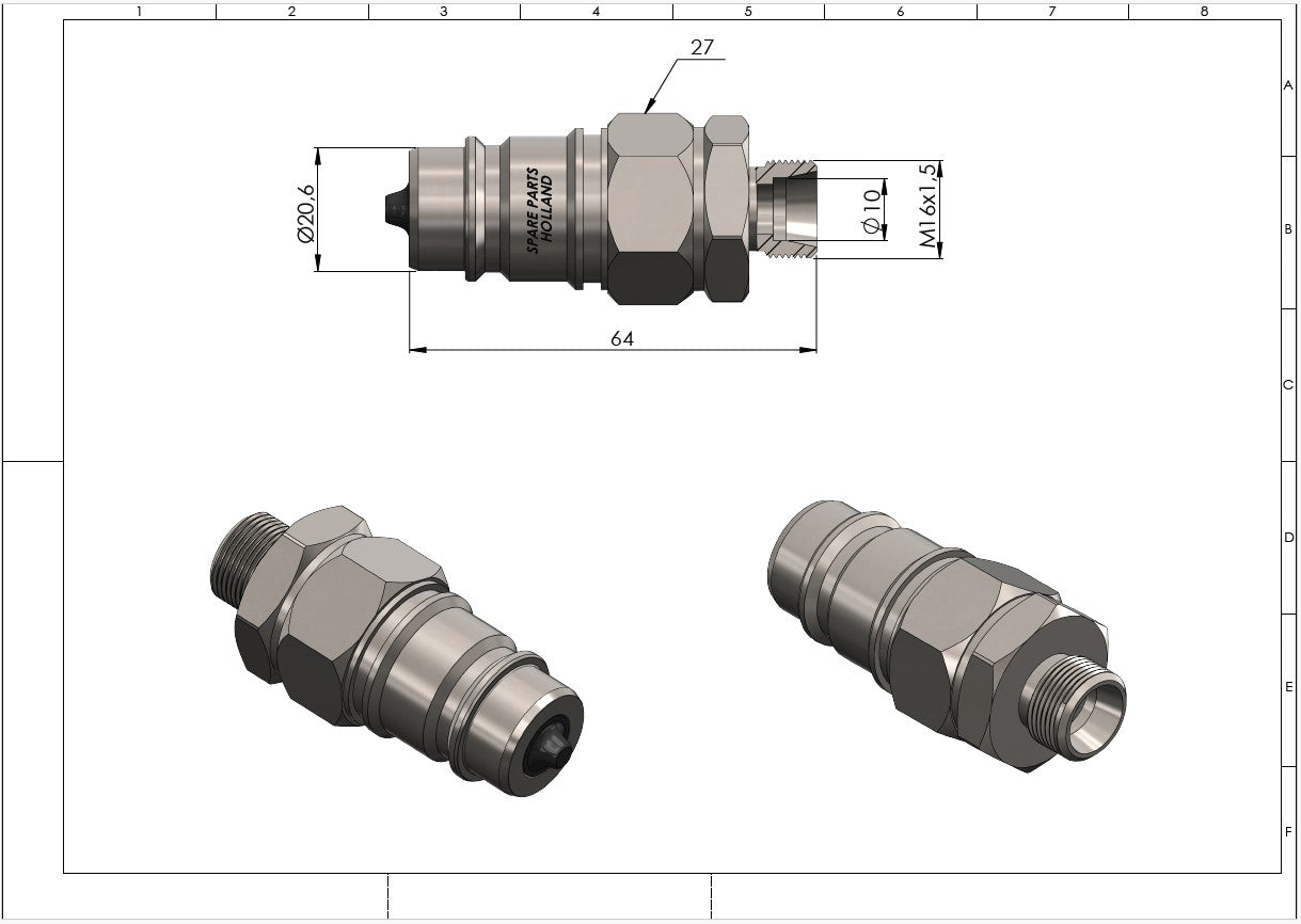 Hydraulisk snabbkopplingshane med plugg, ISO 7241-A, metrisk gänga (10L / 12L / 15L)