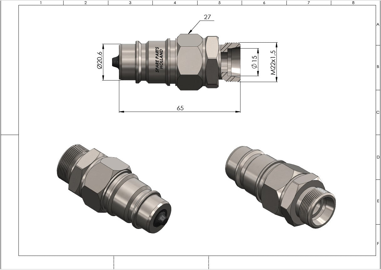Hydraulisk snabbkopplingshane med plugg, ISO 7241-A, metrisk gänga (10L / 12L / 15L)
