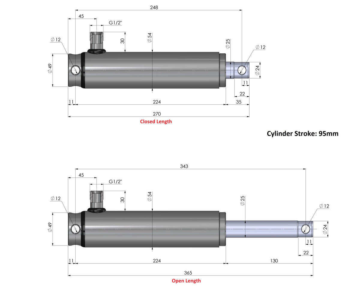 Hydraulic Trailer Brake Cylinder – 12 mm Pin Holes, 95 mm Stroke, Spring Return – SPH340448