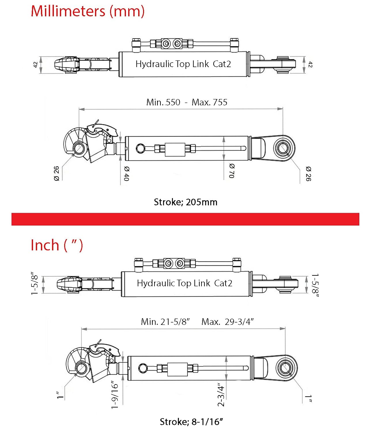 Tercer Punto Hidráulico Cat 2-2 (550 - 776 mm) con Gancho, Bloque de Bloqueo y 2 Mangueras - SPH320016