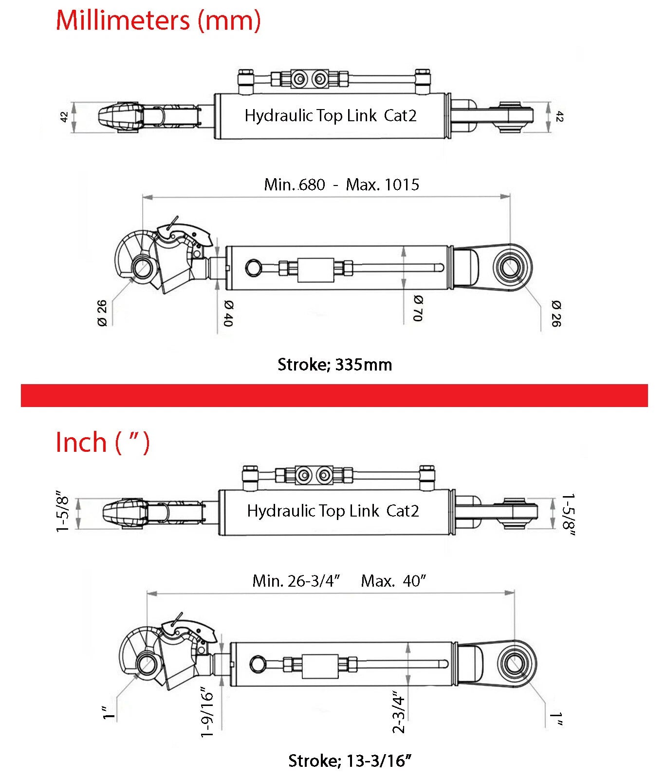 Tercer Punto Hidráulico Cat 2-2 (680 - 1036 mm) con Gancho, Bloque de Bloqueo y 2 Mangueras - SPH320066