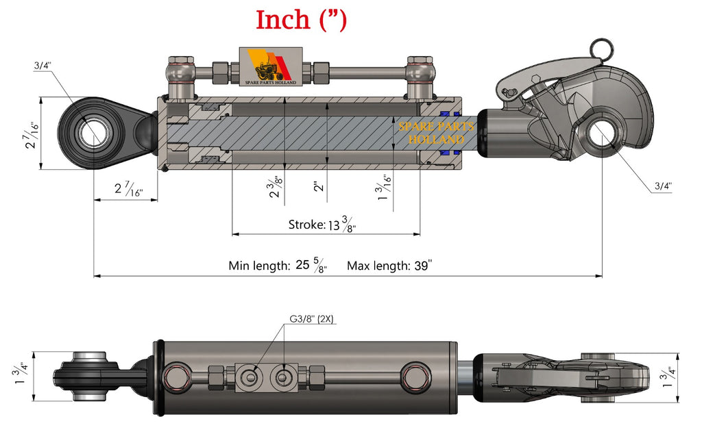 Hydraulische Topstang Cat. 1–1 met vanghaak (650–990 mm) – incl. vergrendelblok en 2 hydrauliekslangen – SPH320093