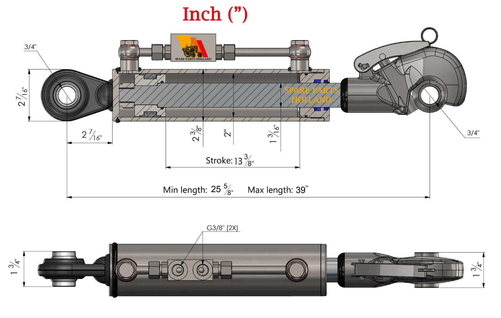 Terceiro Ponto Hidráulico Cat 1-1 com Gancho Rápido (650 - 990 mm) Incl. Bloco de Travamento e 2 Mangueiras Hidráulicas - SPH320093