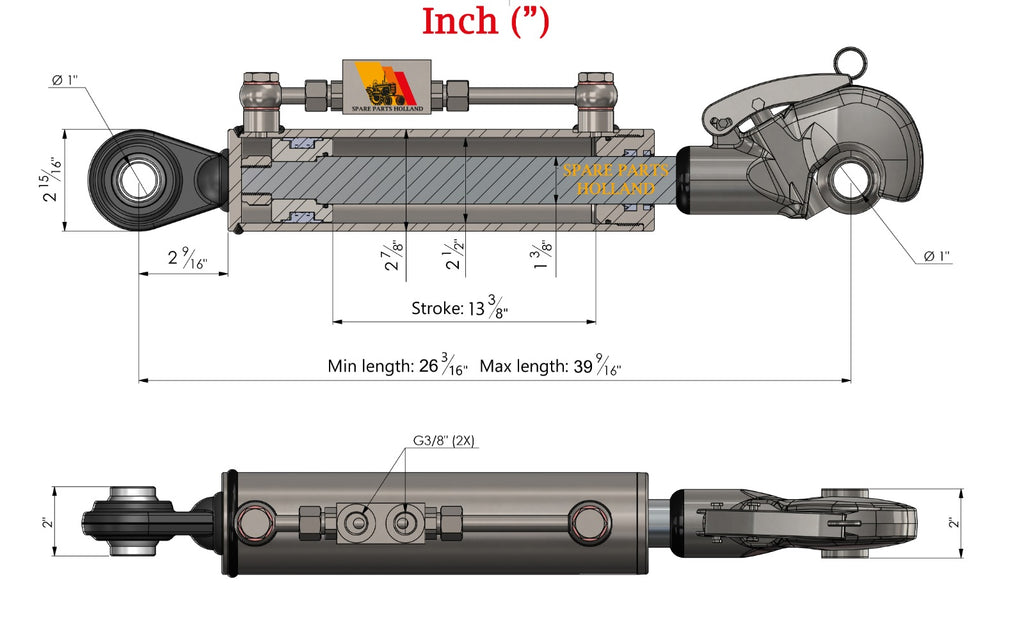 Hydraulisk Topstag Rask krok Cat 2-2 (665–1005 mm) inkl. låseblokk og 2 hydraulikkslanger - SPH320094