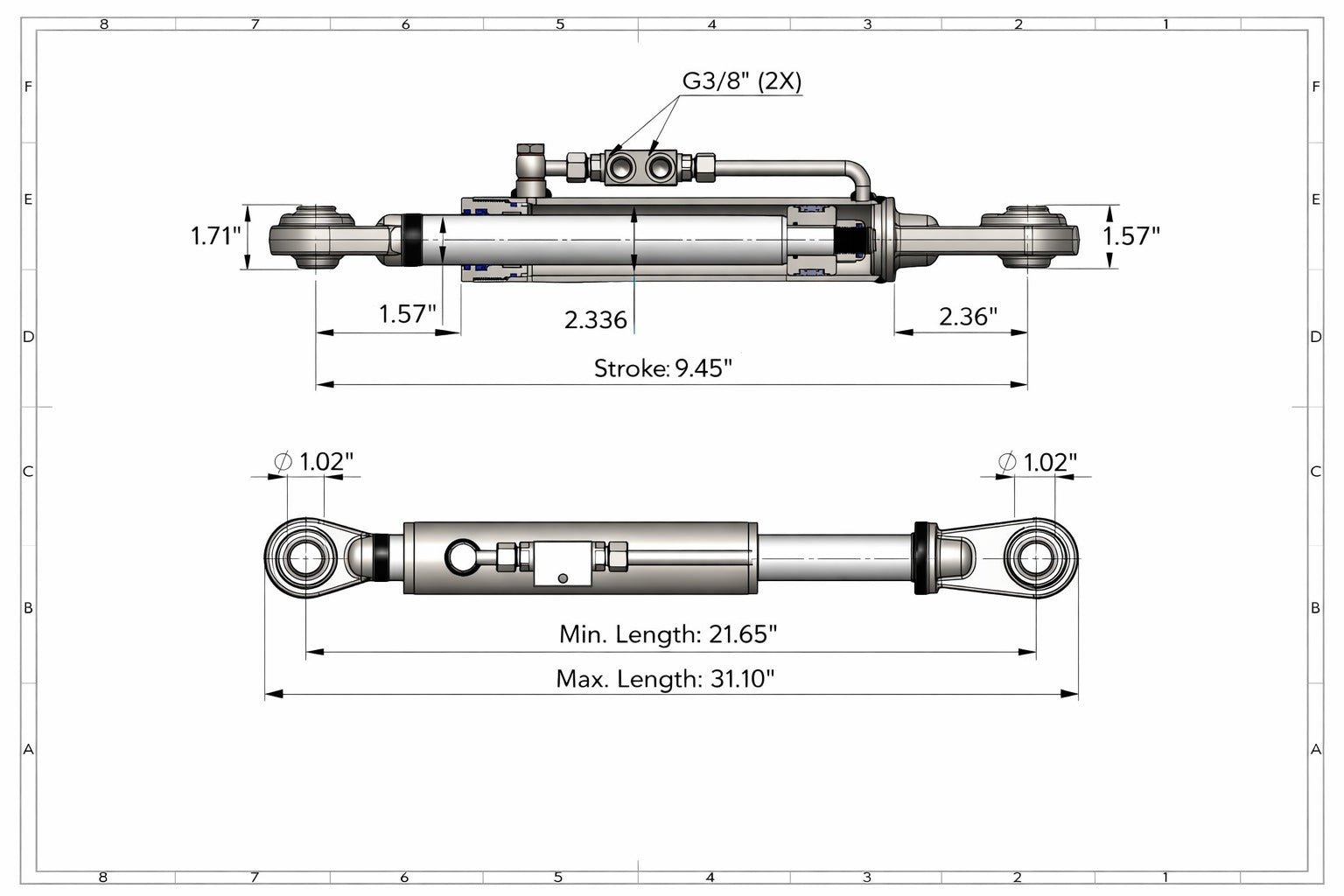 Hydraulische Topstang Cat 2-2 (550 - 790 mm) met Vergendeblok en 2 Slangen - SPH320096