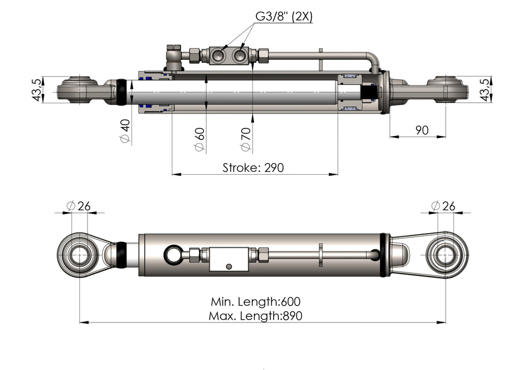 Tercer Punto Hidráulico Cat. 2–2 (550–790 mm) – con bloque de seguridad y 2 mangueras hidráulicas – SPH320096