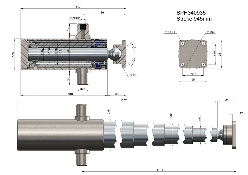 8-Ton 4-Stage Hydraulic Telescopic Tipping Cylinder - 945mm Stroke