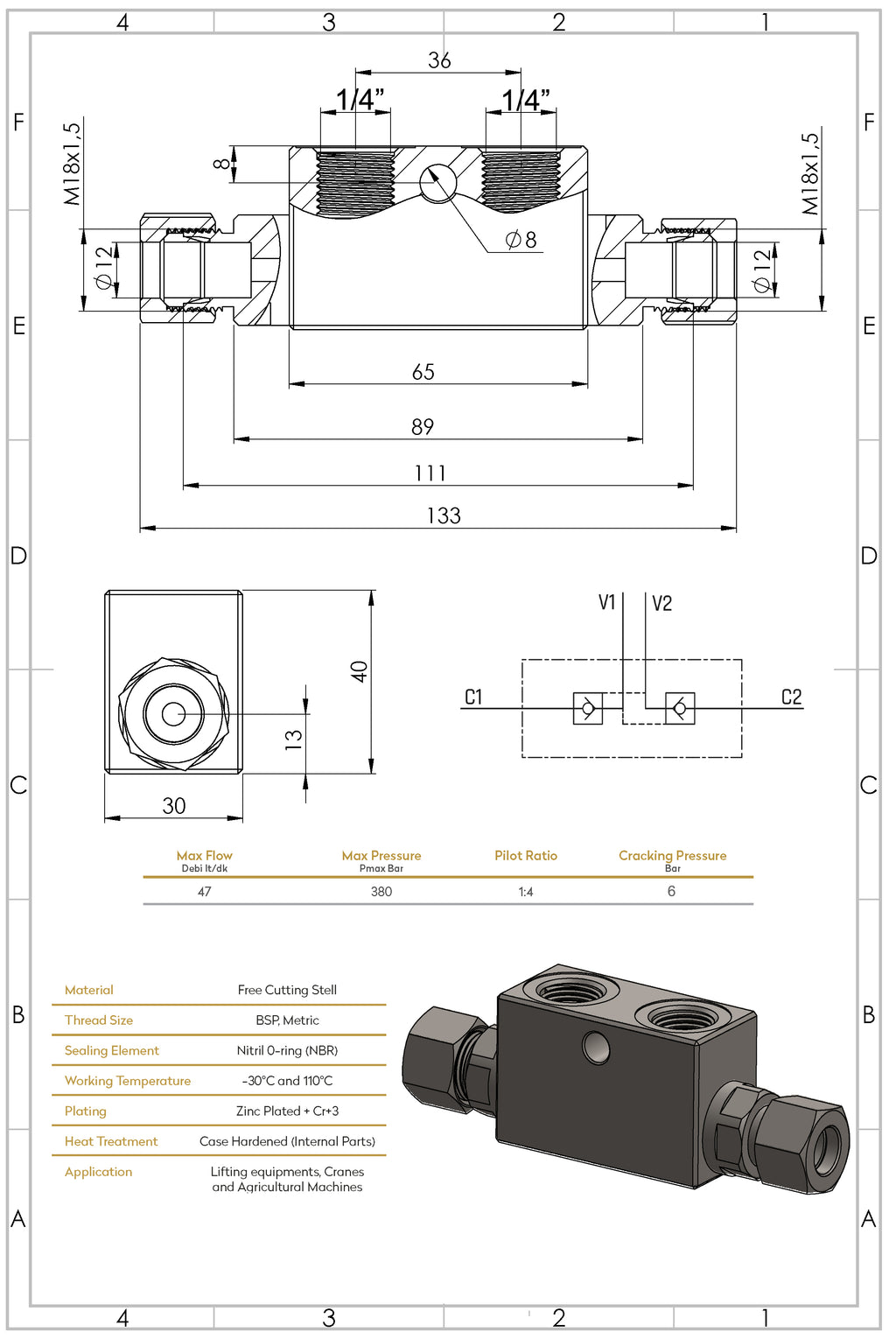 Hydraulisches entsperrbares Rückschlagventil Sperrblock G1/4" – 12L für Hydraulikanlagen