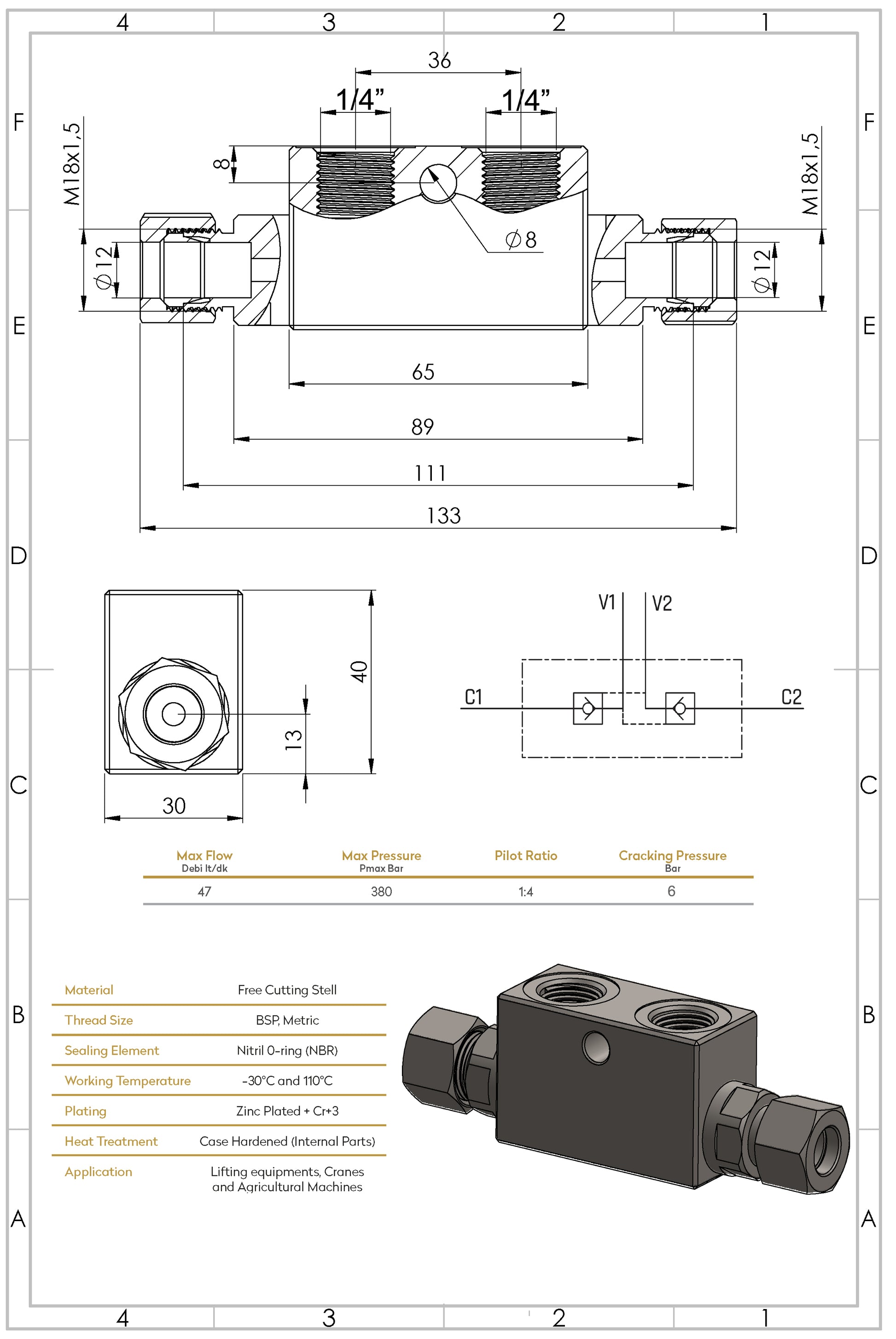 Double Pilot Operated Check Valve for 12mm Pipe – 1/4" Hydraulic Load Holding Valve