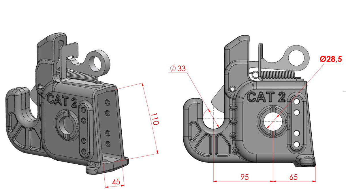 SPH430530 Cat 2 bolt-on quick hitch hooks mounted on tractor lower lift arms