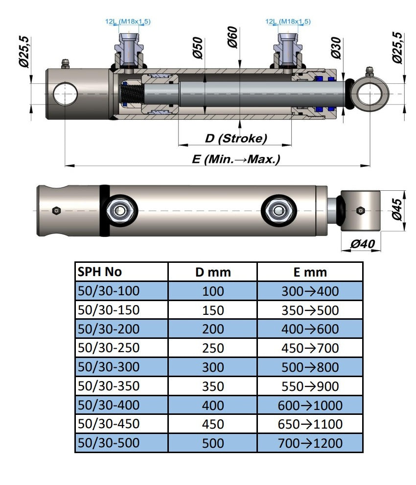 Double Acting Hydraulic Cylinder Hole Type (50/30) + Nipple