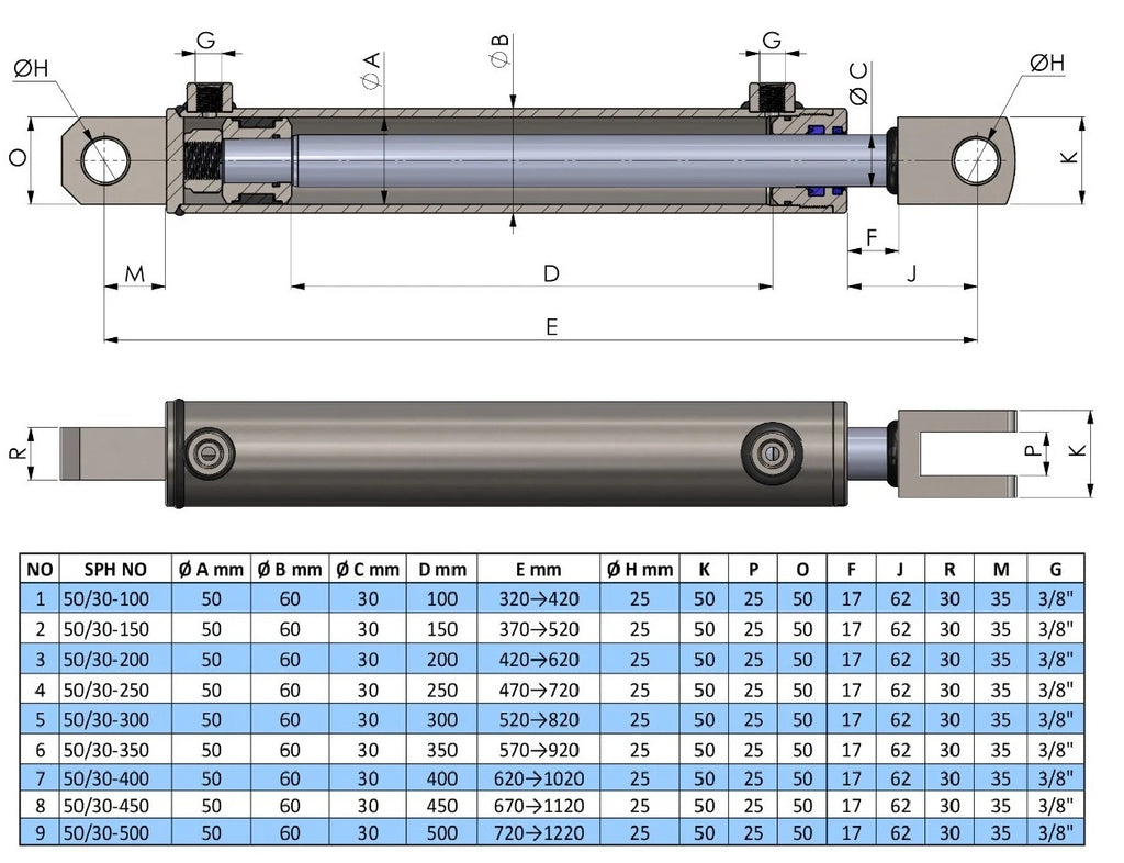Double Acting Hydraulic Cylinder With Clevis And Fork (50/30)