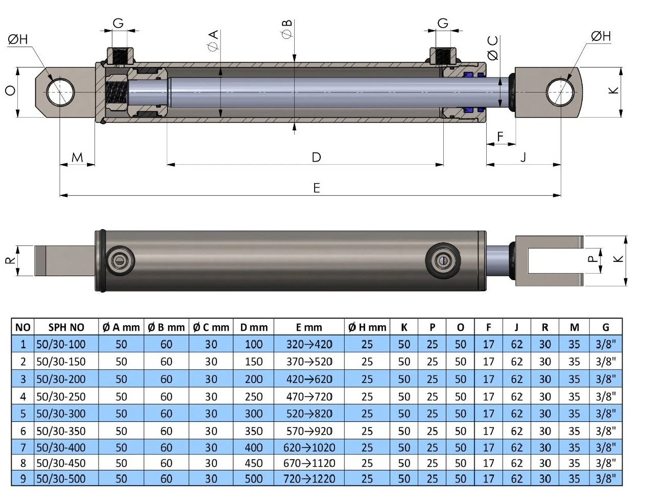 Double Acting Hydraulic Cylinder With Clevis And Fork (50/30)